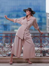 Loose belted shirt with wide leg trouser